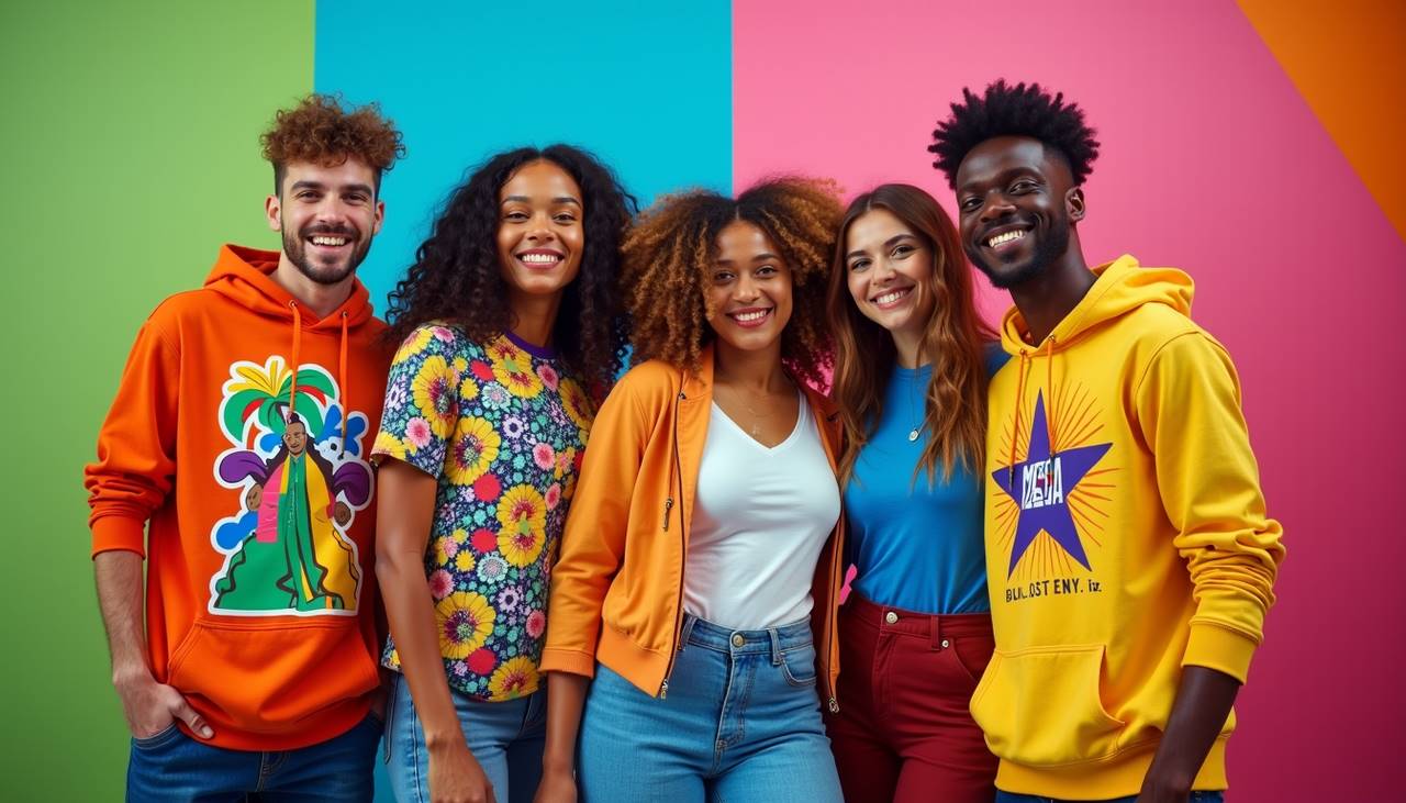  This is a vibrant photograph featuring five diverse individuals standing closely together, smiling warmly at the camera against a colorful background. From left to right:

1. The first person is a man with curly brown hair and a beard, wearing an orange hoodie with a whimsical, colorful design featuring a green dinosaur and abstract shapes.
2. Next to him is a woman with voluminous, curly hair and a bright smile. She is dressed in a white V-neck t-shirt and an orange cardigan with the sleeves rolled up.
3. The third person is a woman with curly, voluminous hair and a cheerful expression. She is dressed in a white t-shirt and an orange cardigan with the sleeves rolled up.
4. The fourth person is a woman with long, straight brown hair wearing a blue t-shirt and a white cardigan.
5. The last person is a man with short, curly black hair and a broad smile. He is dressed in a vibrant yellow hoodie with a blue star and the text "Ballet" printed on the front.

The background is a vibrant mix of colors: pink, green, blue, and orange, creating a lively and cheerful atmosphere. The textures of their clothing include soft, comfortable fabrics like denim and cotton, and the overall style is casual and relaxed.